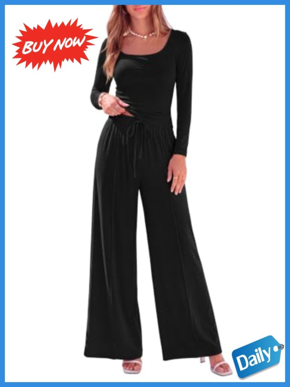 2 Piece Lounge Set Cropped Top Wide Leg Pants Viscose Elastane